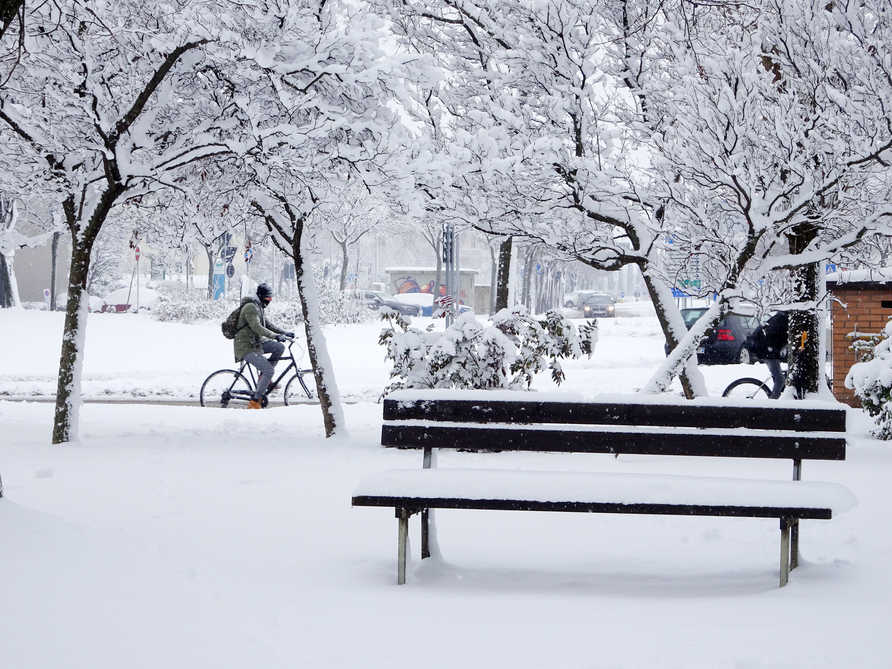 Cycling under a heavy snowstorm (Rimini)