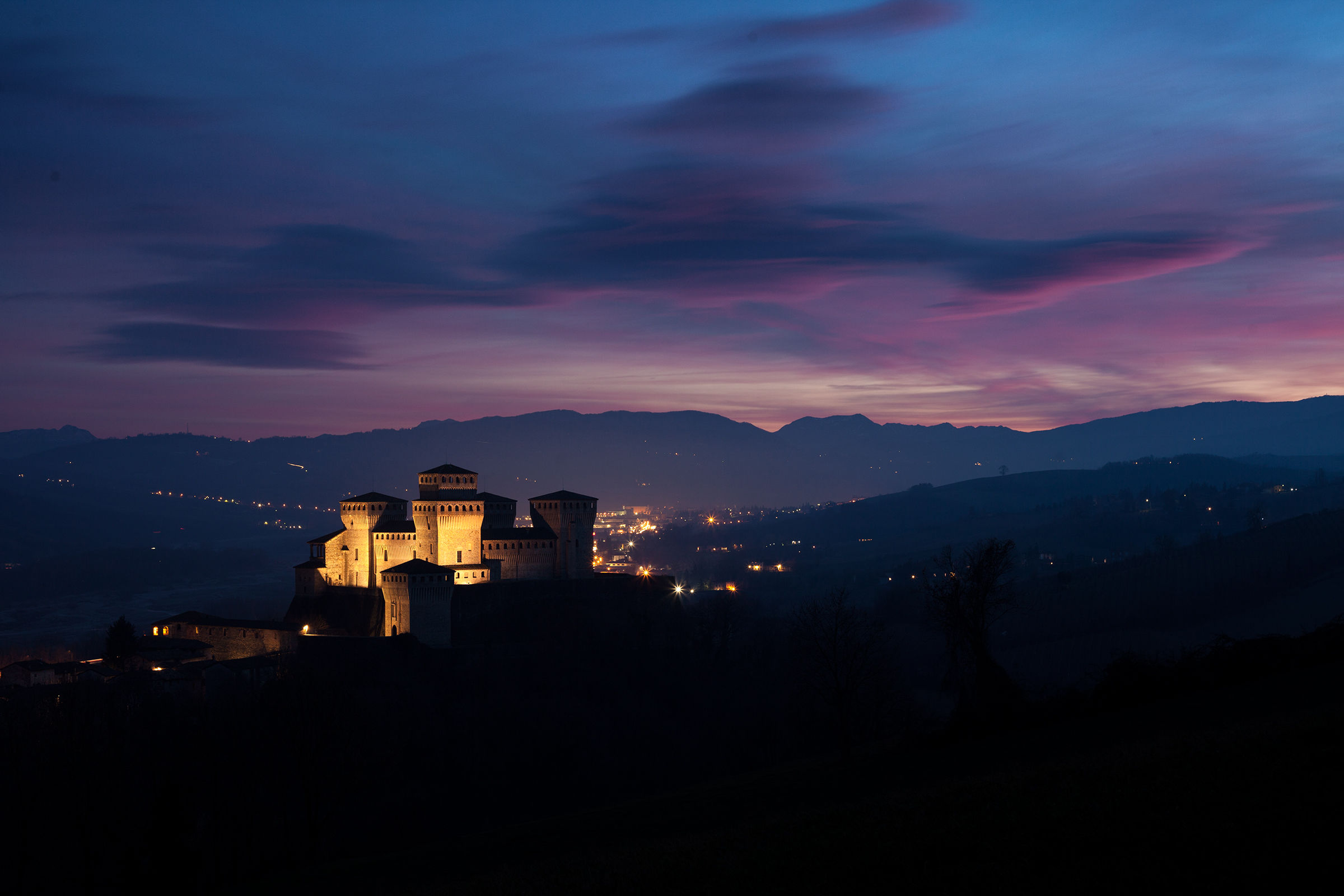 Castle of Torrechiara, now blue.