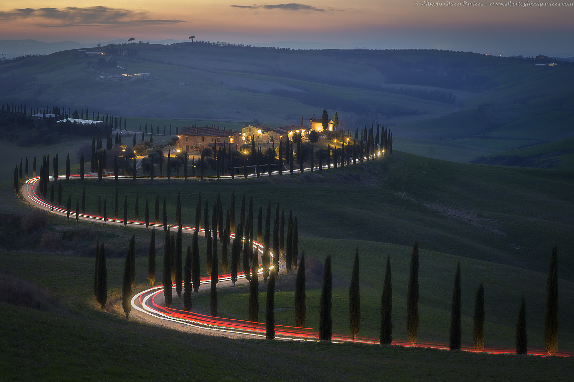 A road of light among the cypress trees