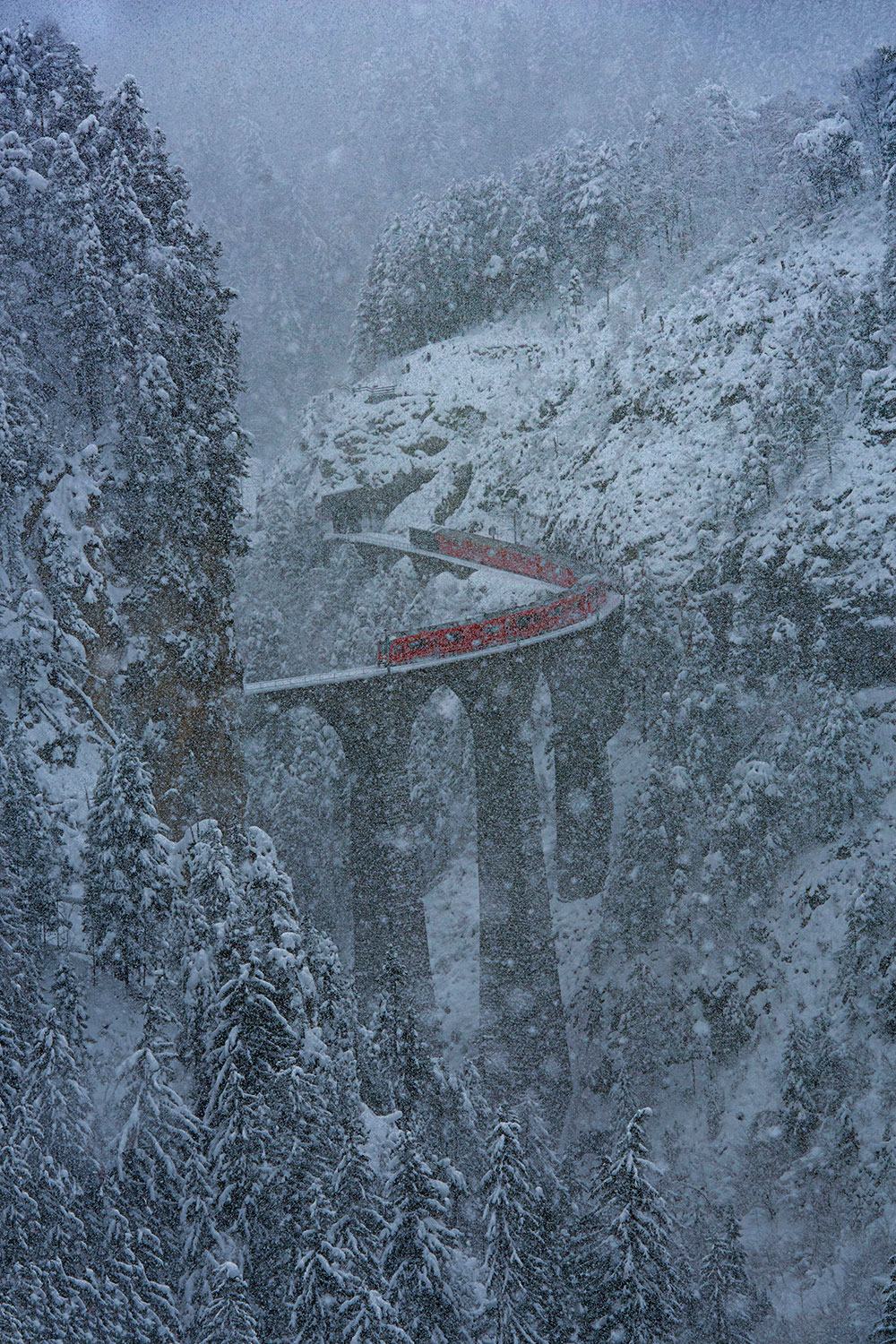Treno nel Blizzard sul Landwasserviadukt