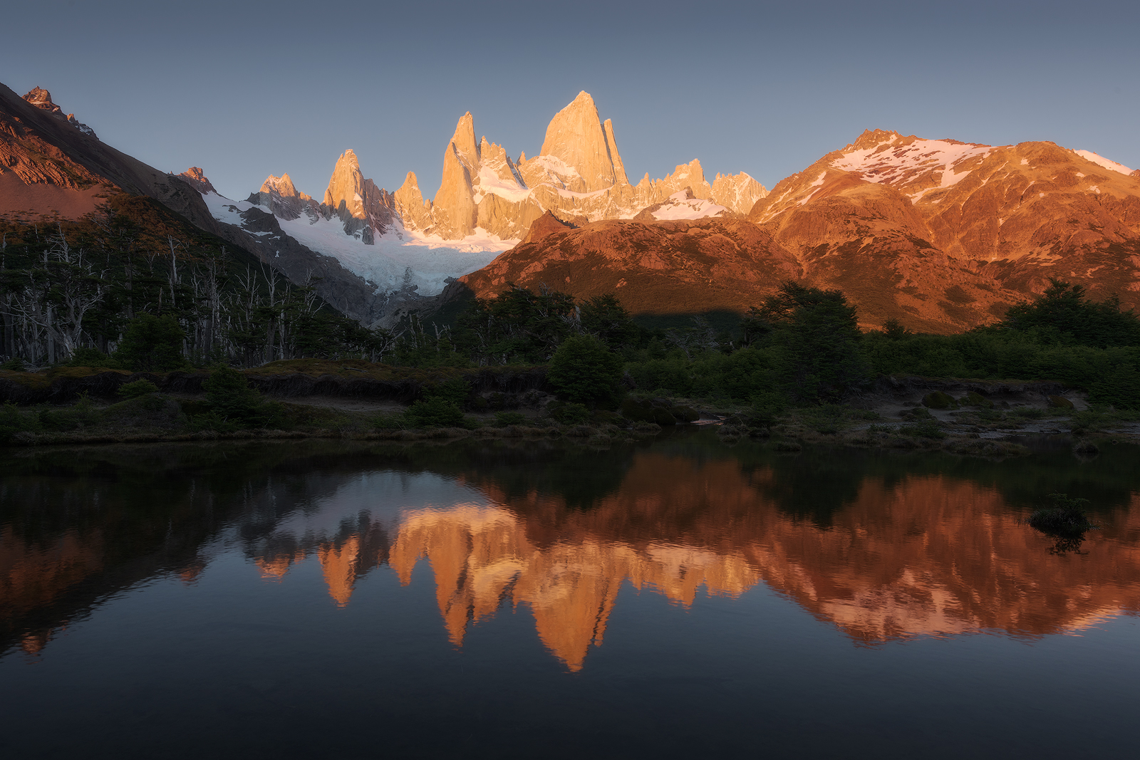 sorge l'alba sul Fitz Roy - foresta poincenot