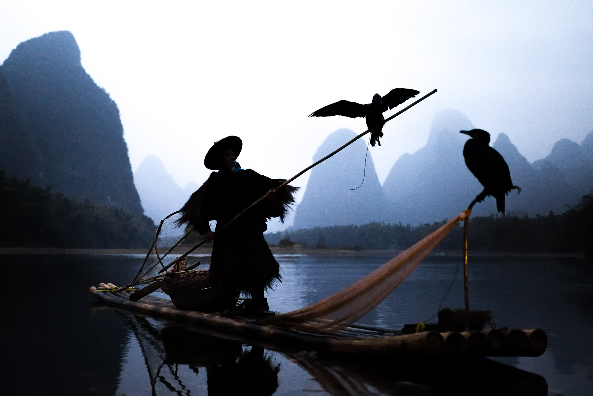 Fisherman with cormorants at dawn.