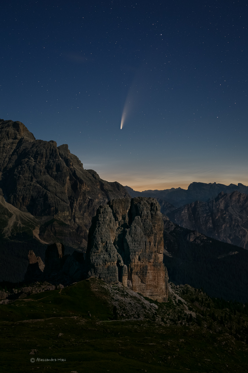 The comet Neowise above the 5 Towers, Dolomites