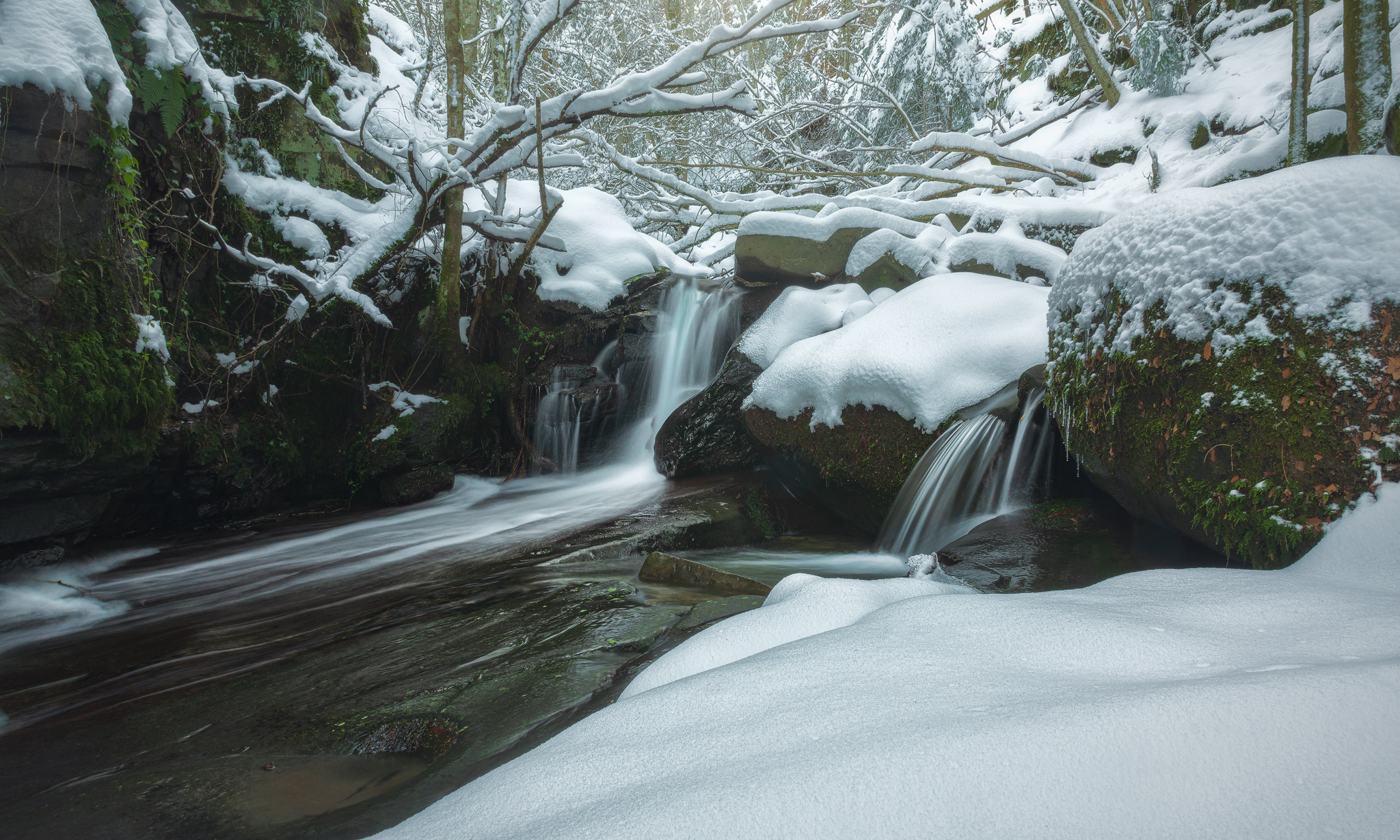Waterfalls and fresh snow