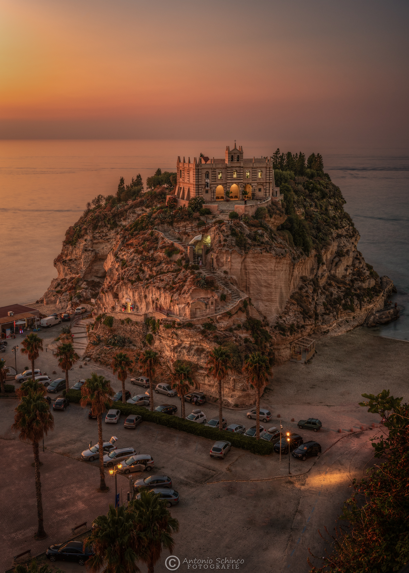 The Madonna Dell'Isola Sanctuary at sunset lights