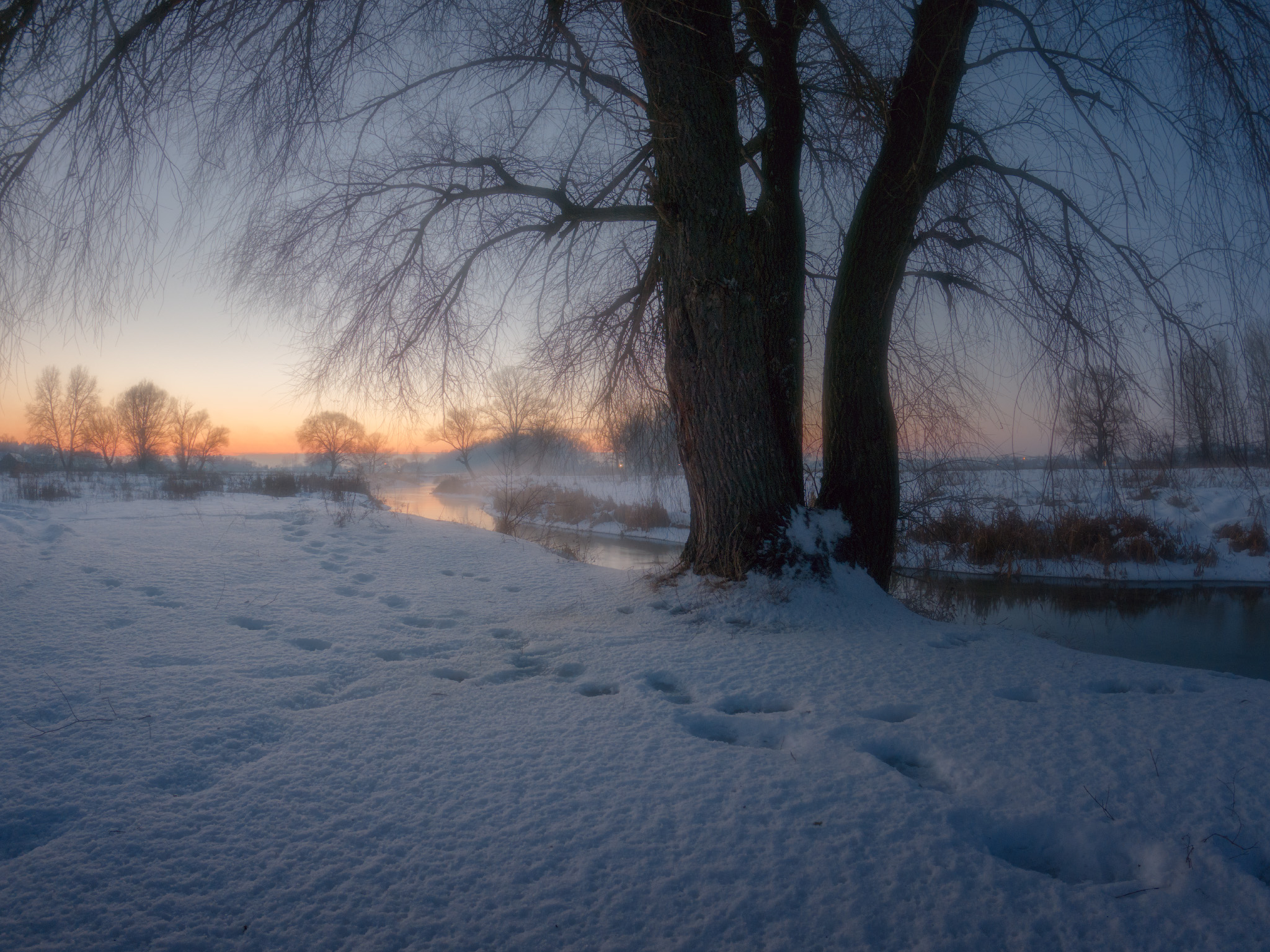 Winter evening by the river