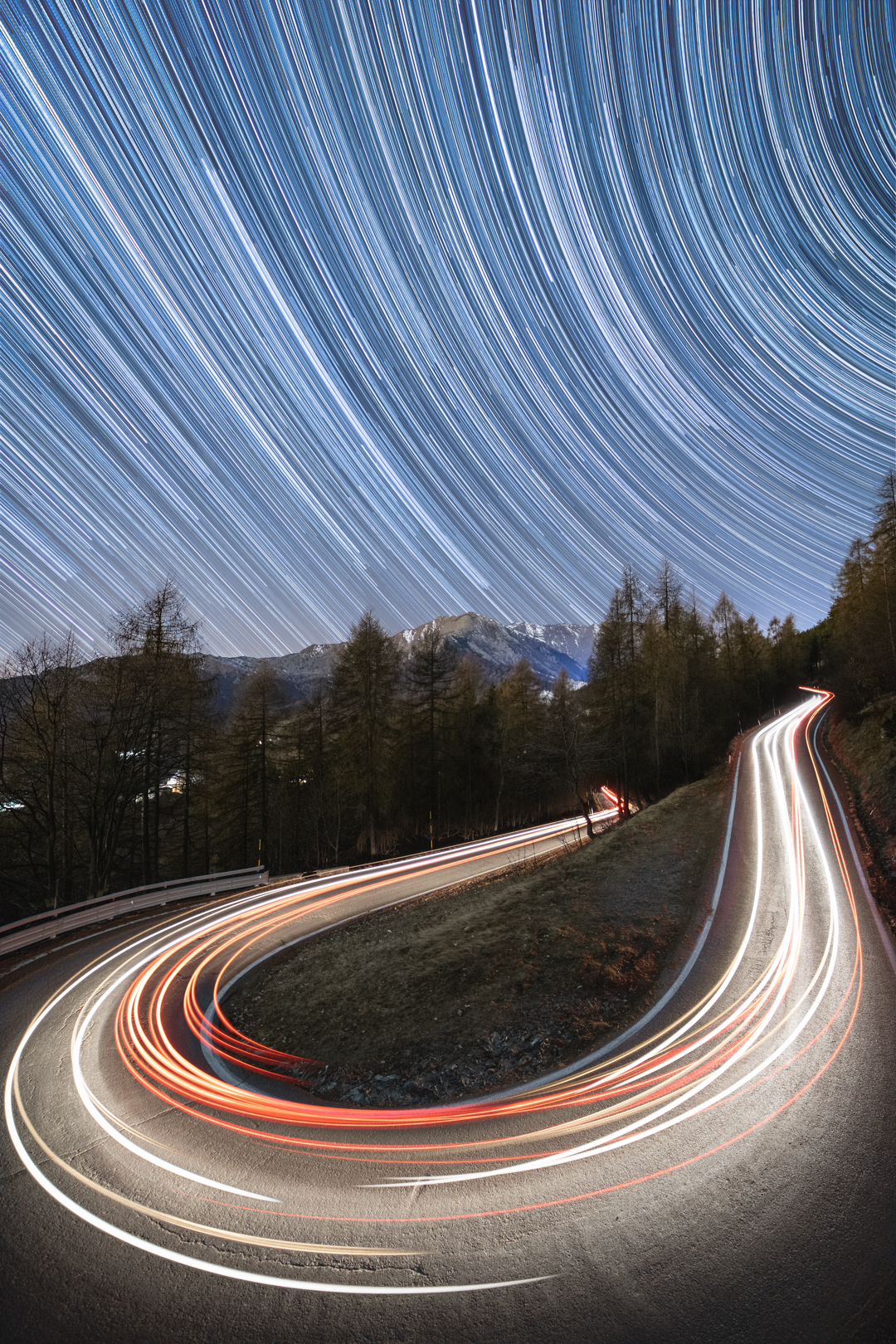 Star Trail with car trails