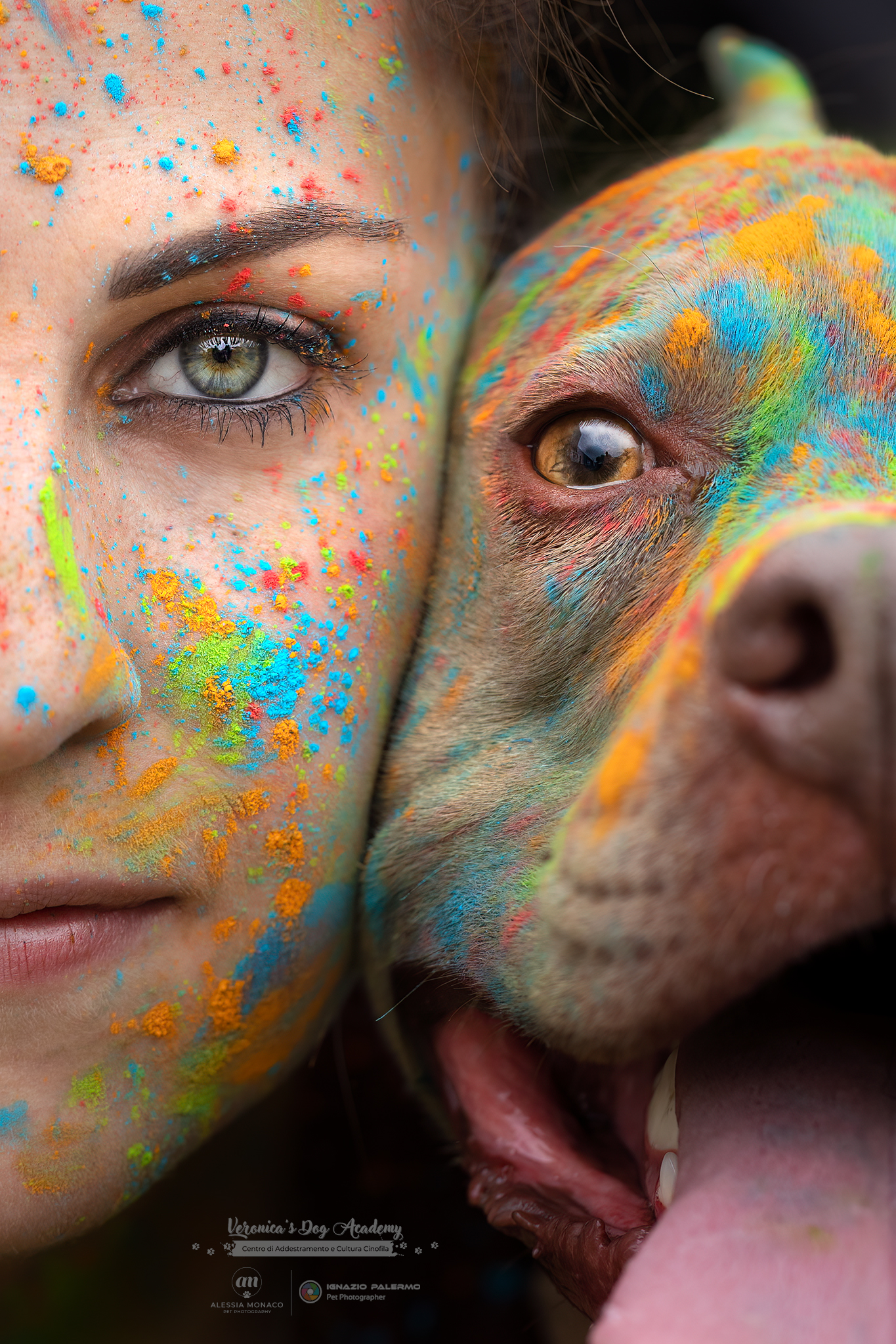 Powder holi dog and owner