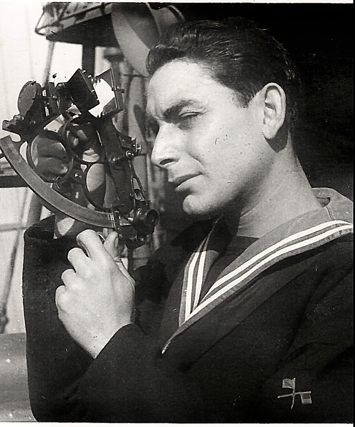 My father, a young sailor, uses the sextant