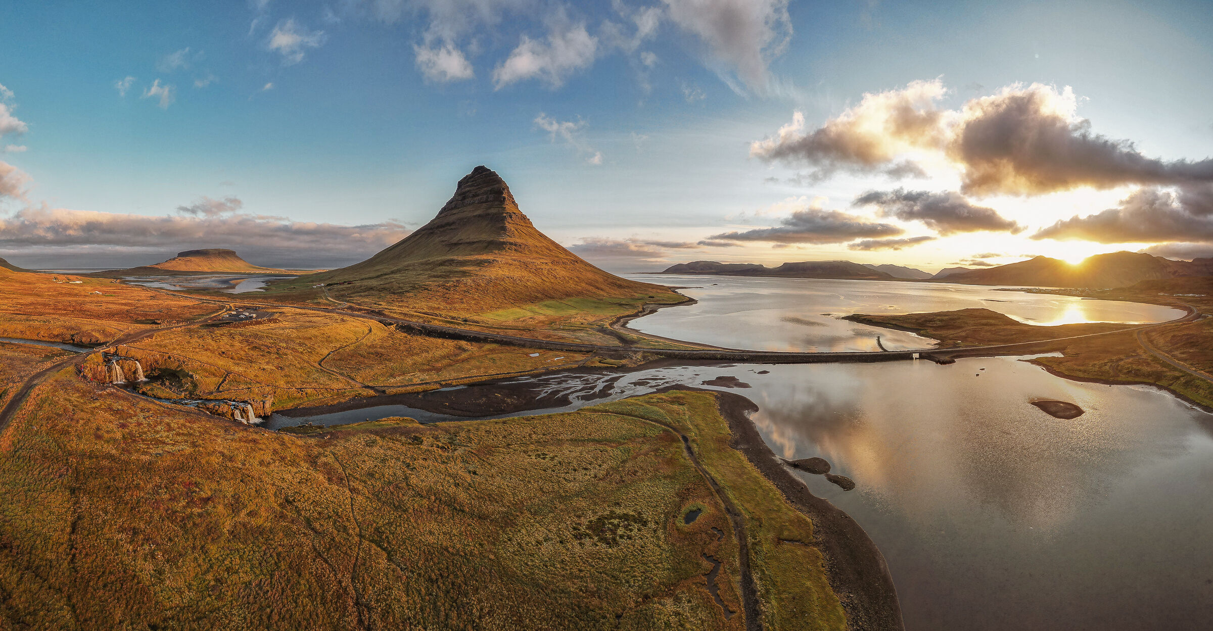 Kirkjufell from above, during a beautiful sunrise