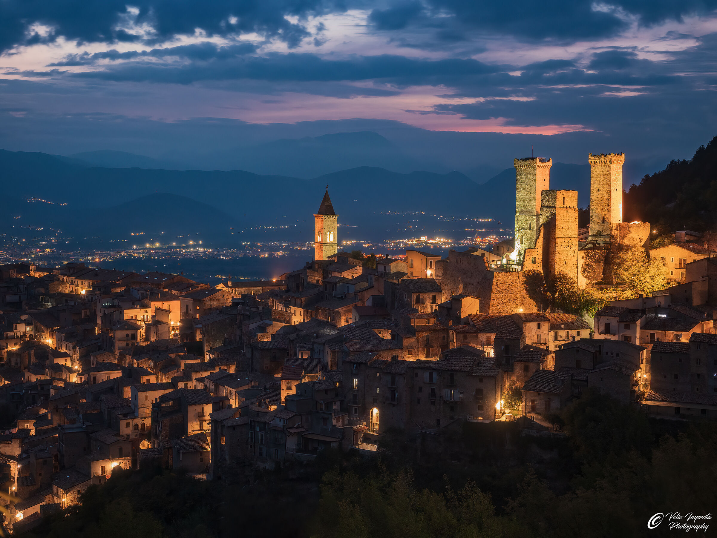 Pacentro in the heart of the autumn blue hour
