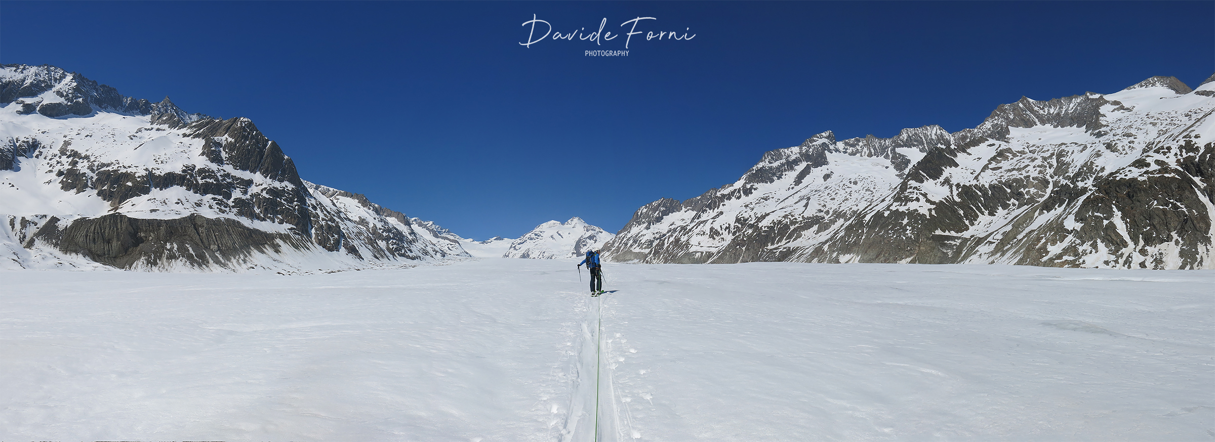 Going up the Aletschgletscher on skis