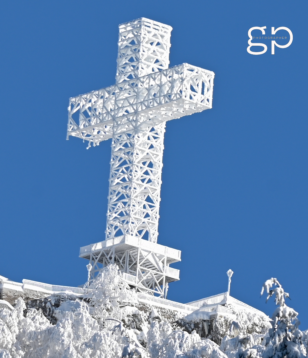 The snow-capped cross on Mount Gelbison