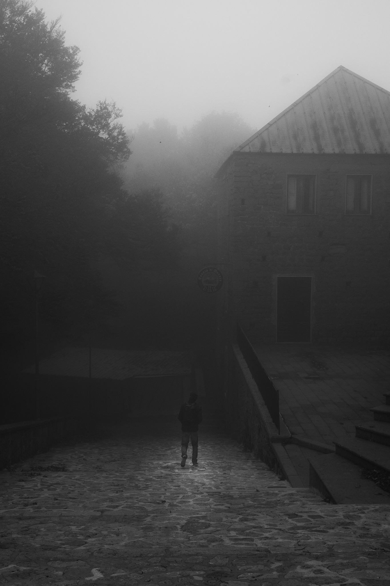 The figure of the man in the dense fog