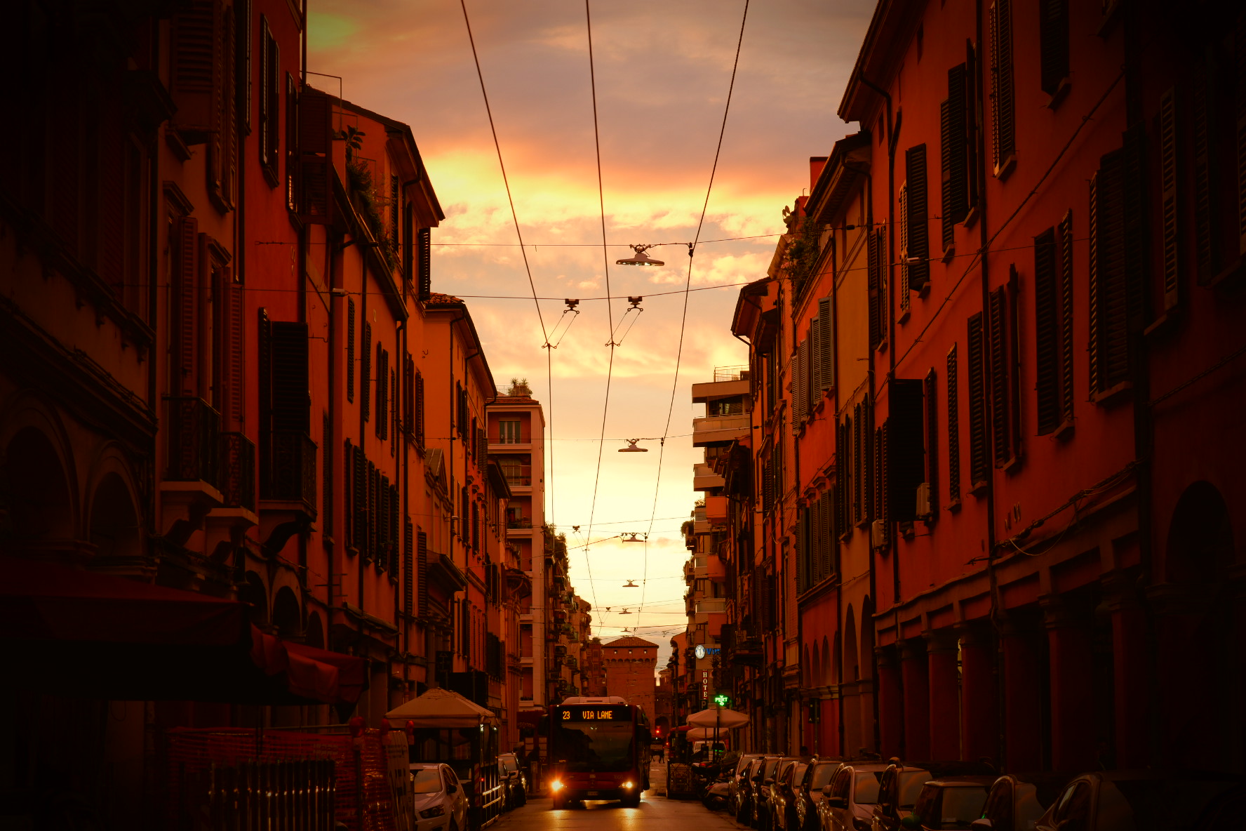 Bologna, Via San Felice at sunset