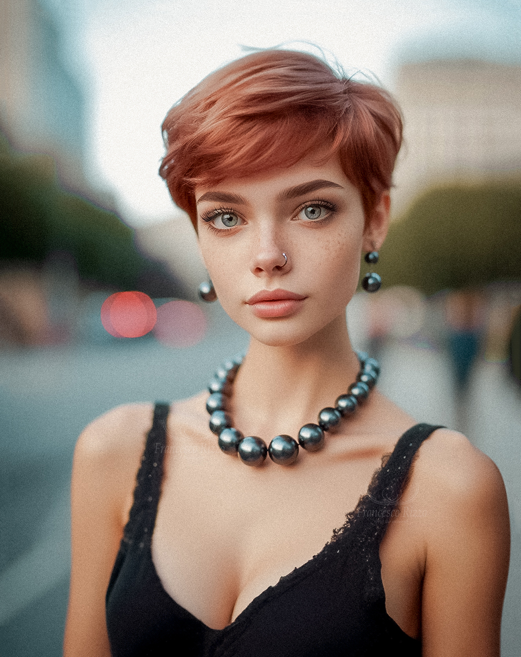 Capelli rossi e collana di perle