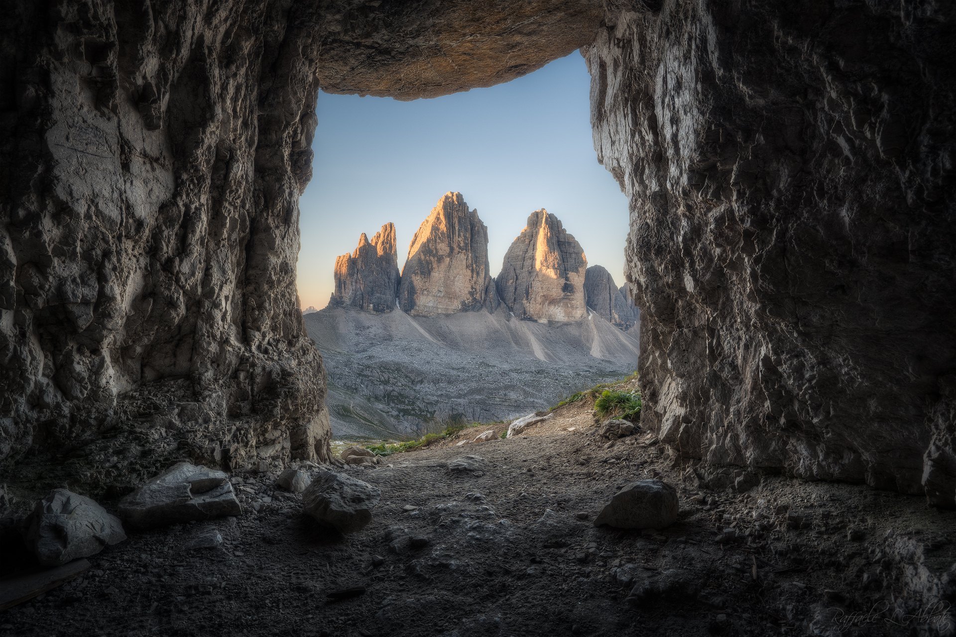 The cave with a view of the Three Peaks