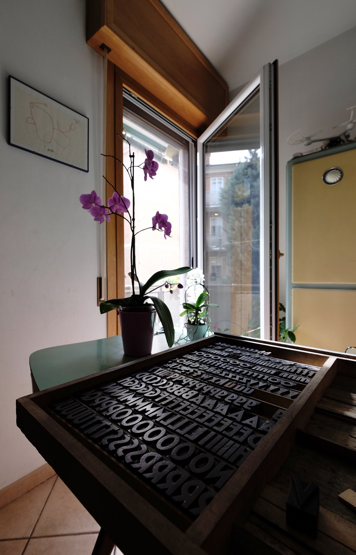 Interior with rationalist characters and orchids