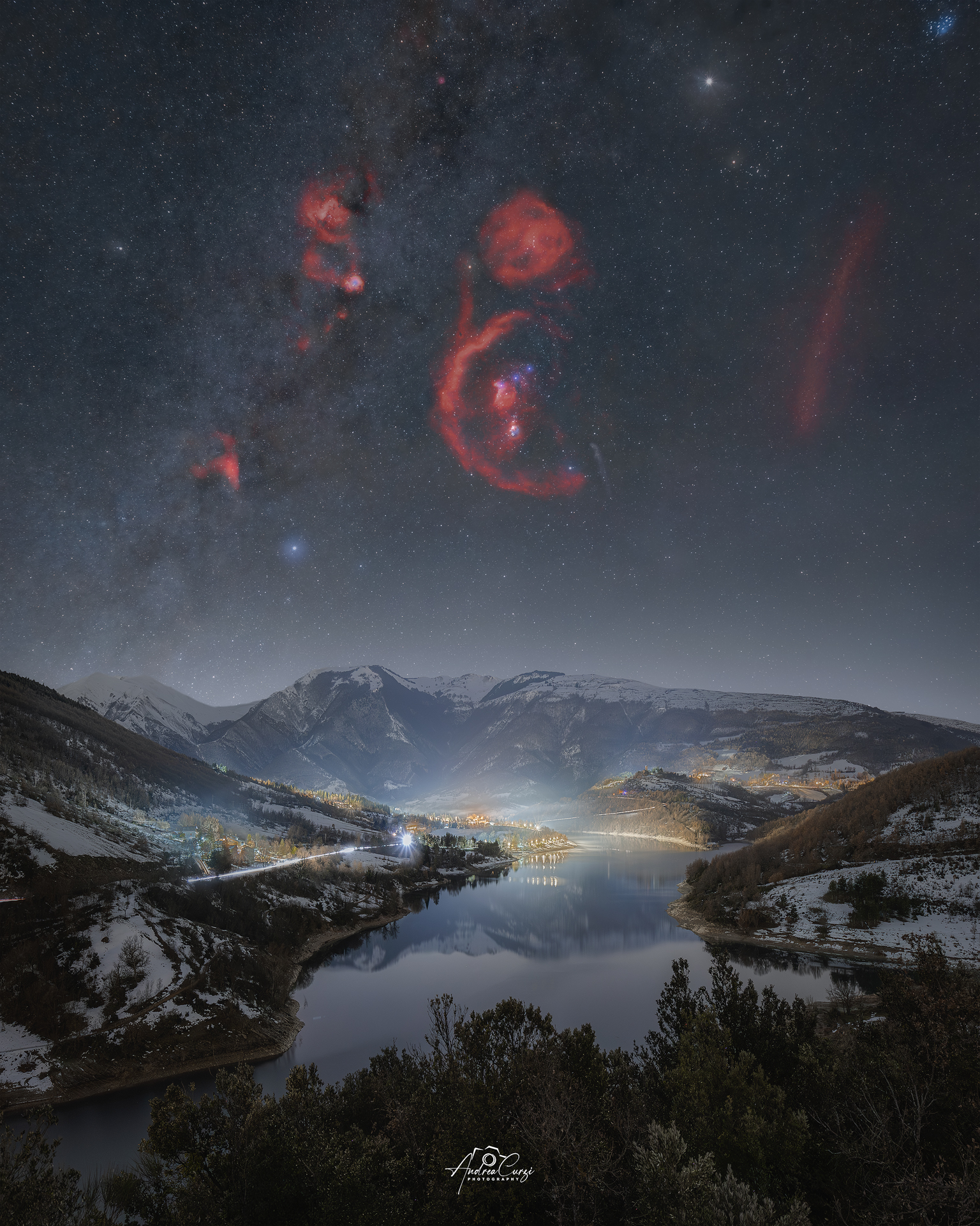 the constellation of Orion above Lake Fiastra