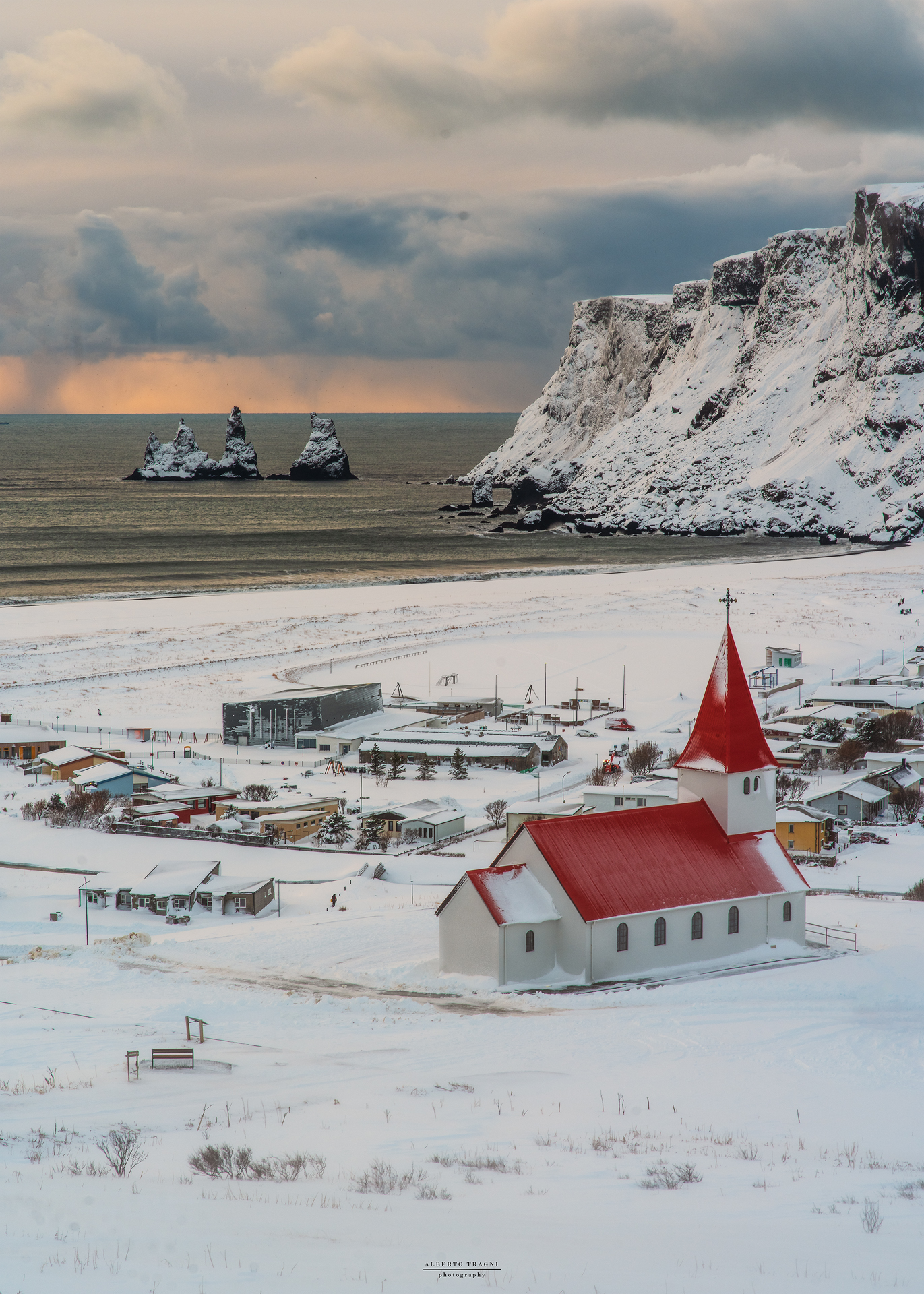 Vik, church and stacks