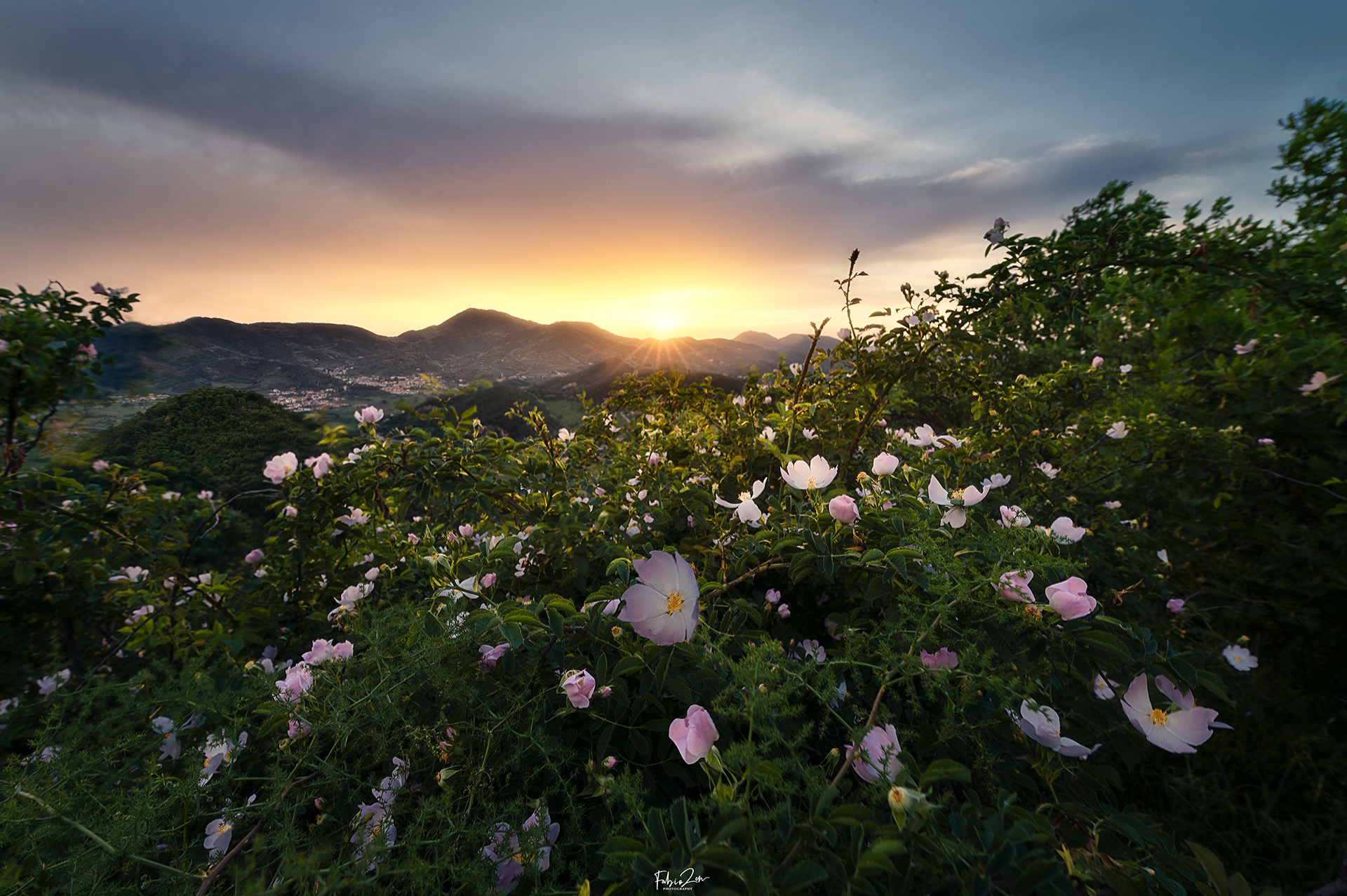 La luce calda del tramonto che si diffonde tra le colli