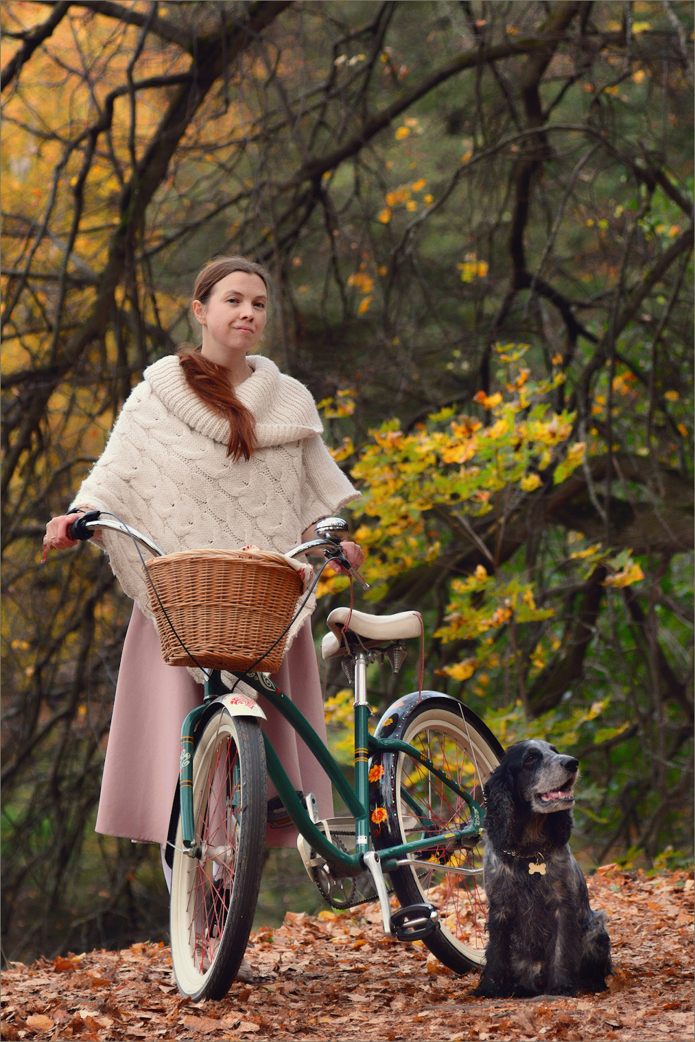 Autumn portrait with bike and dog