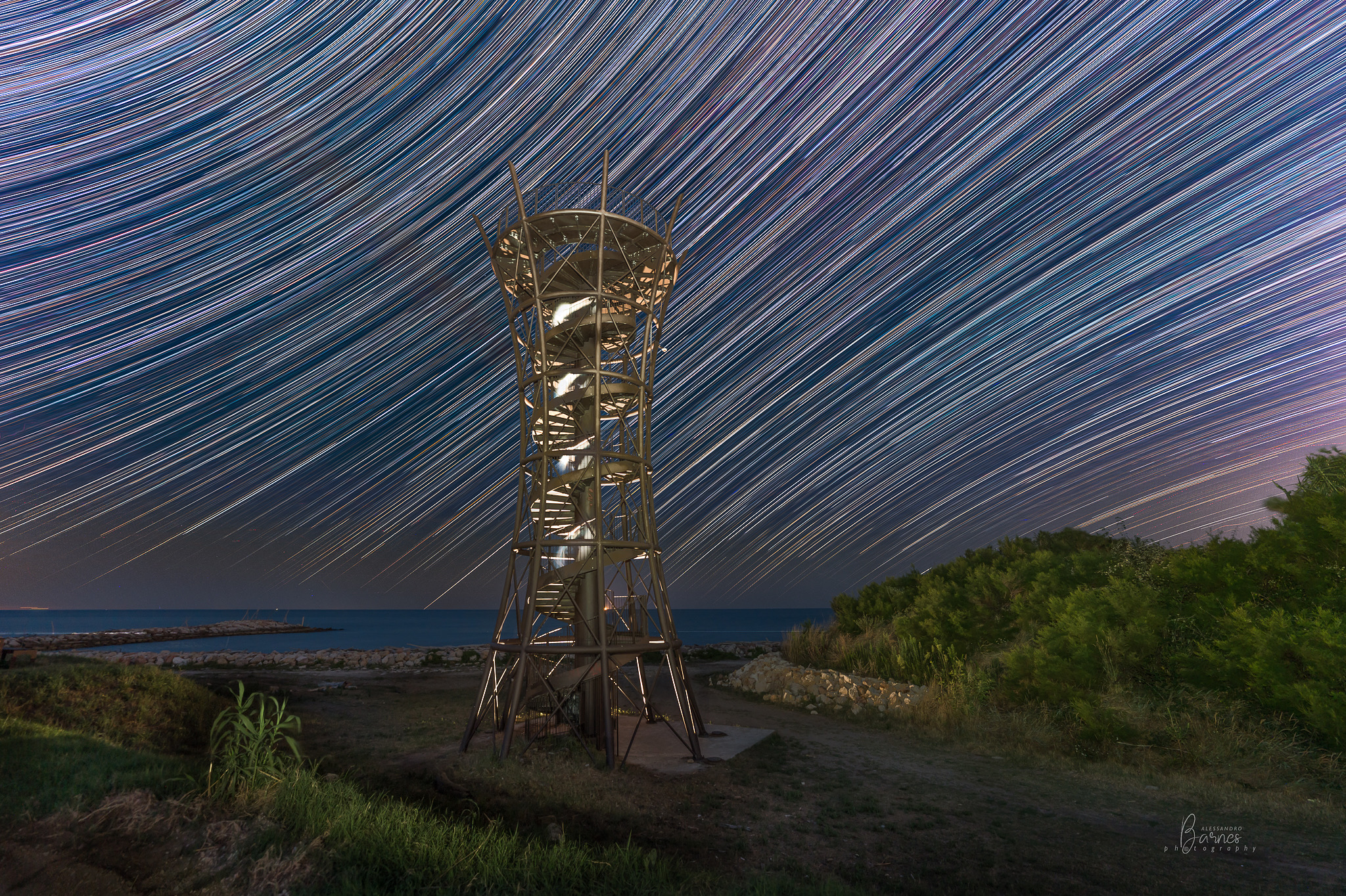 Equatorial star trail at the mouth of the Adige river