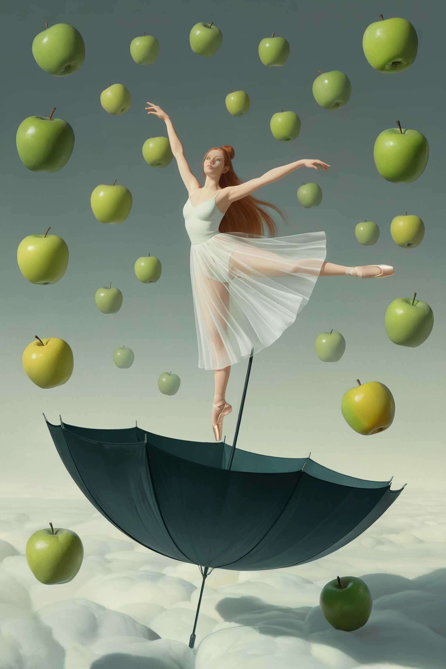 Ballerina con ombrello e mele