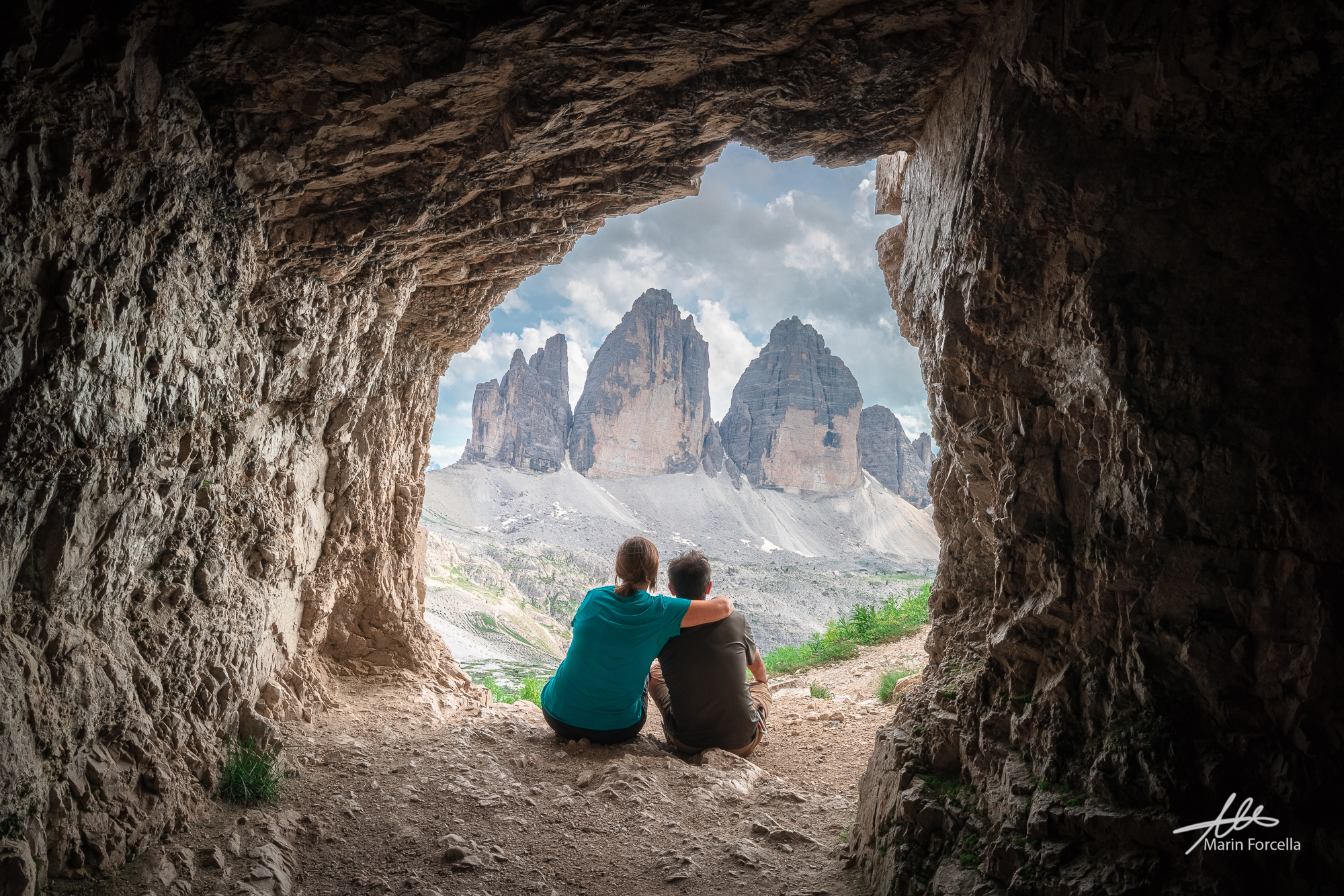 Us and the three peaks seen from the cave