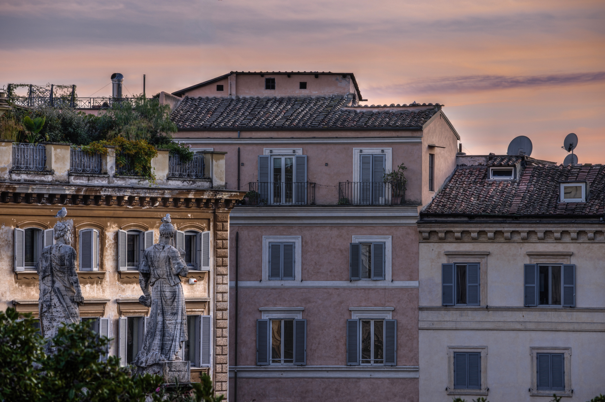 A view of the rooftops, at sunset