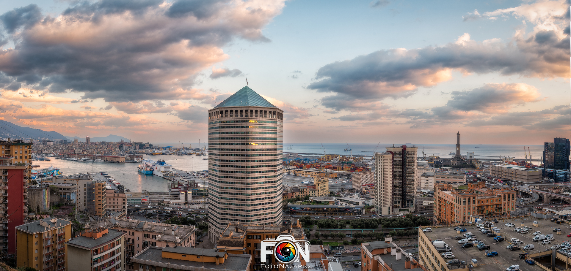 The Pencil, the lantern and the port at sunset... Genoa
