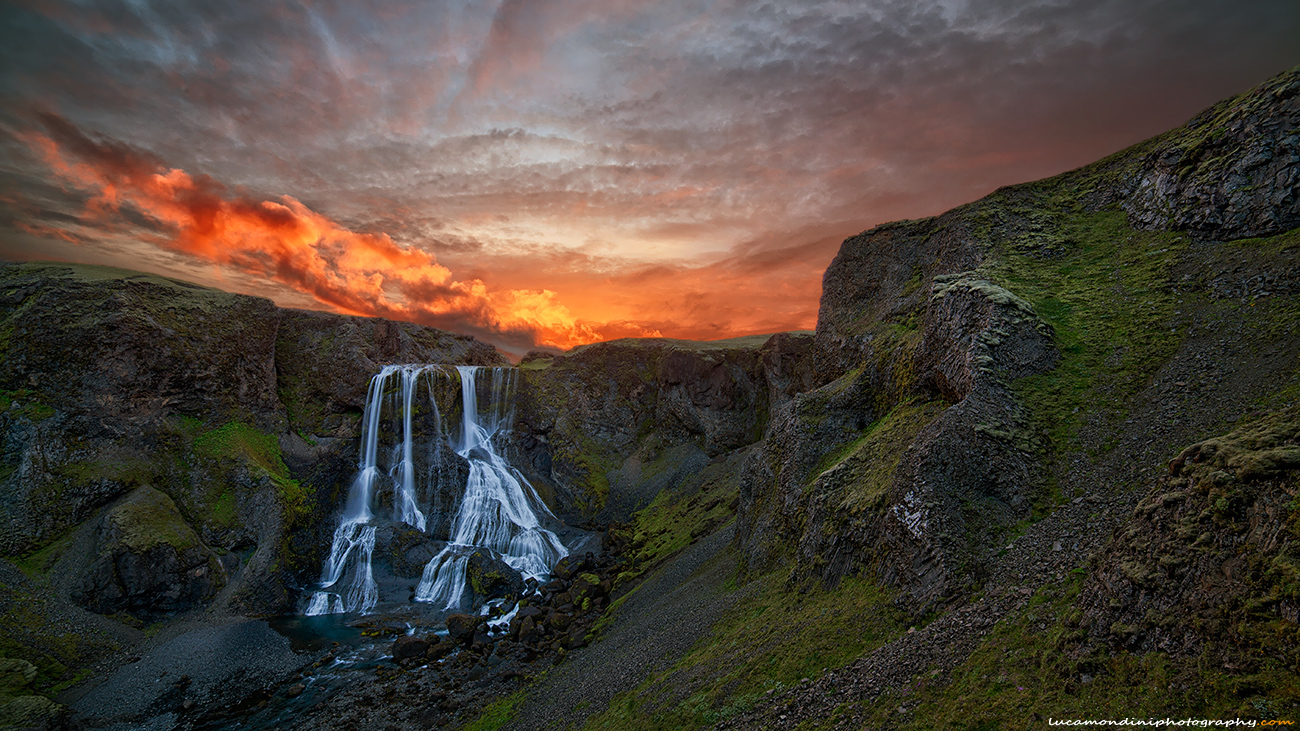 Fagrifoss falls sunset