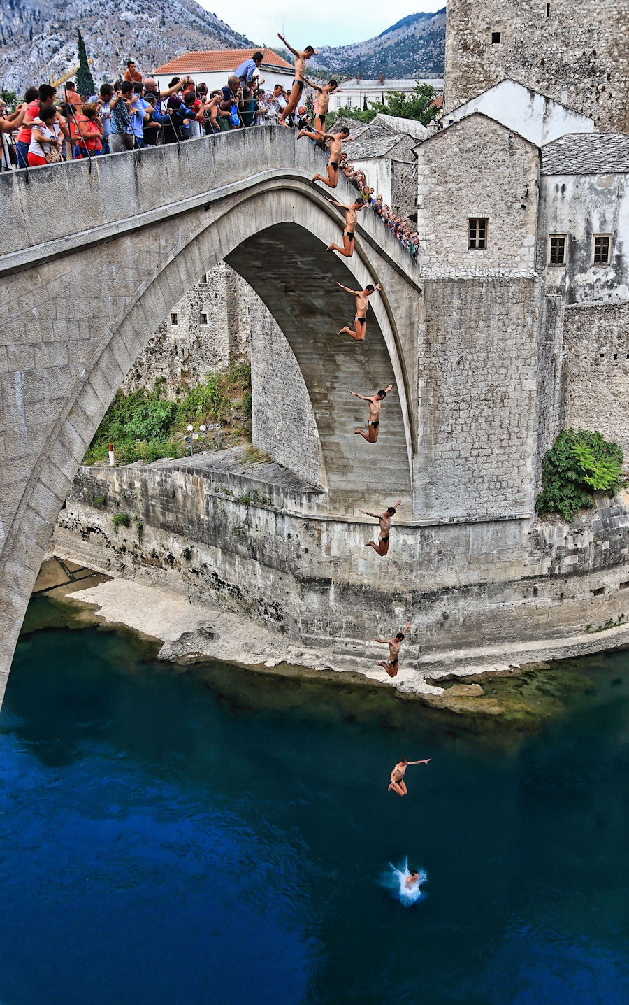 The plunge from the bridge of Mostar